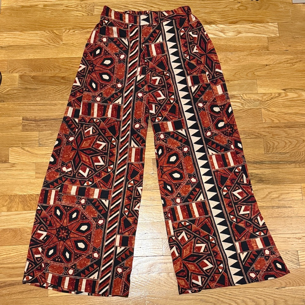 Wide Leg Slit Printed Palazzo Pants in Rust Multi